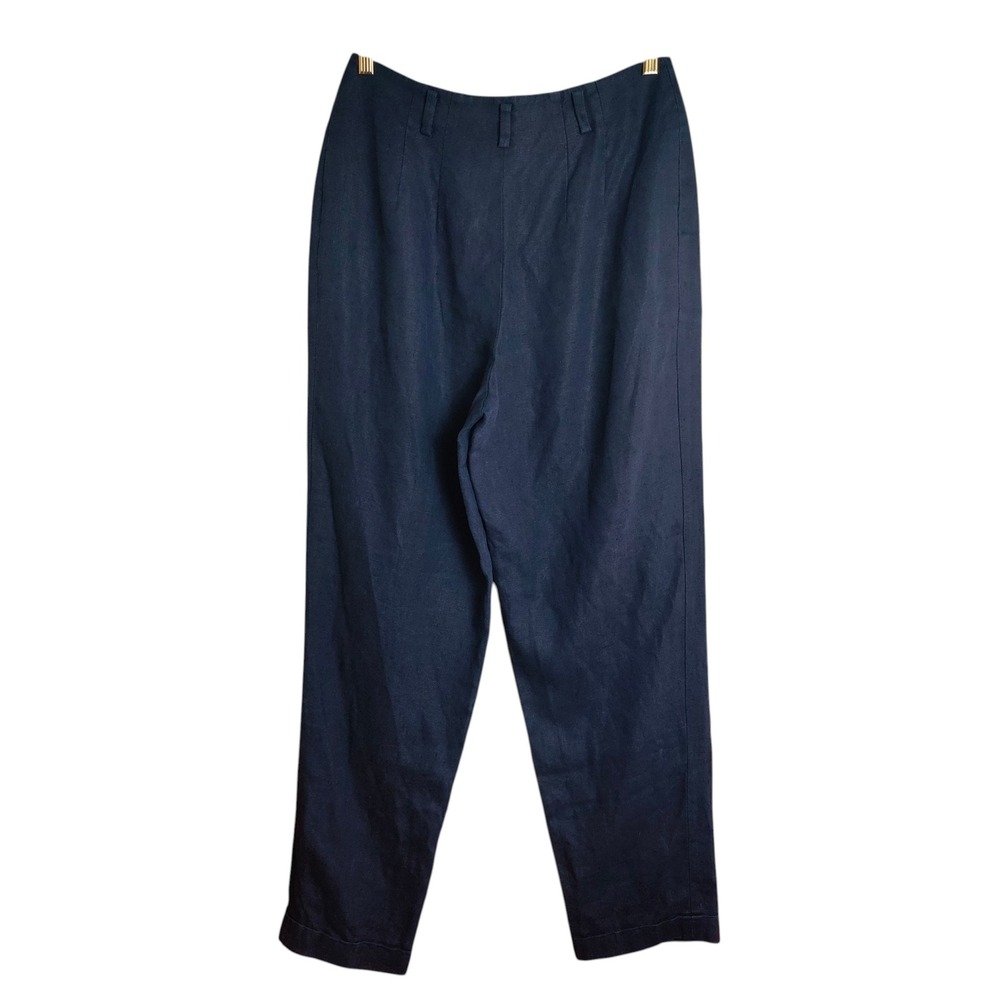 Vintage 90s 100% Linen Trousers High Waisted Balloon Navy Pleated 10 Minimalist - Picture 2 of 10